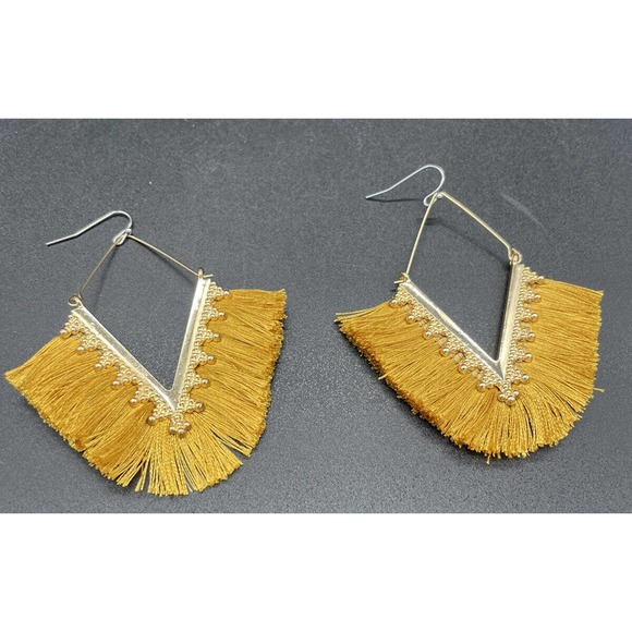 Mustard Gold Tassel Boho Fringe V Earrings New - Picture 2 of 3